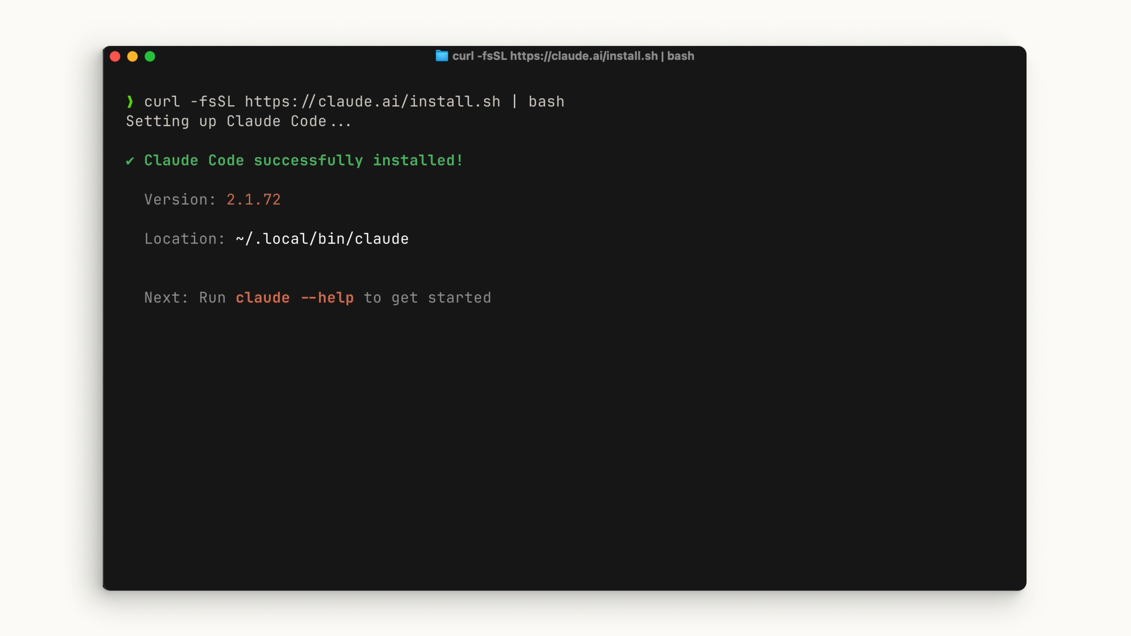 curl을 통해 Claude Code가 성공적으로 설치된 터미널 화면