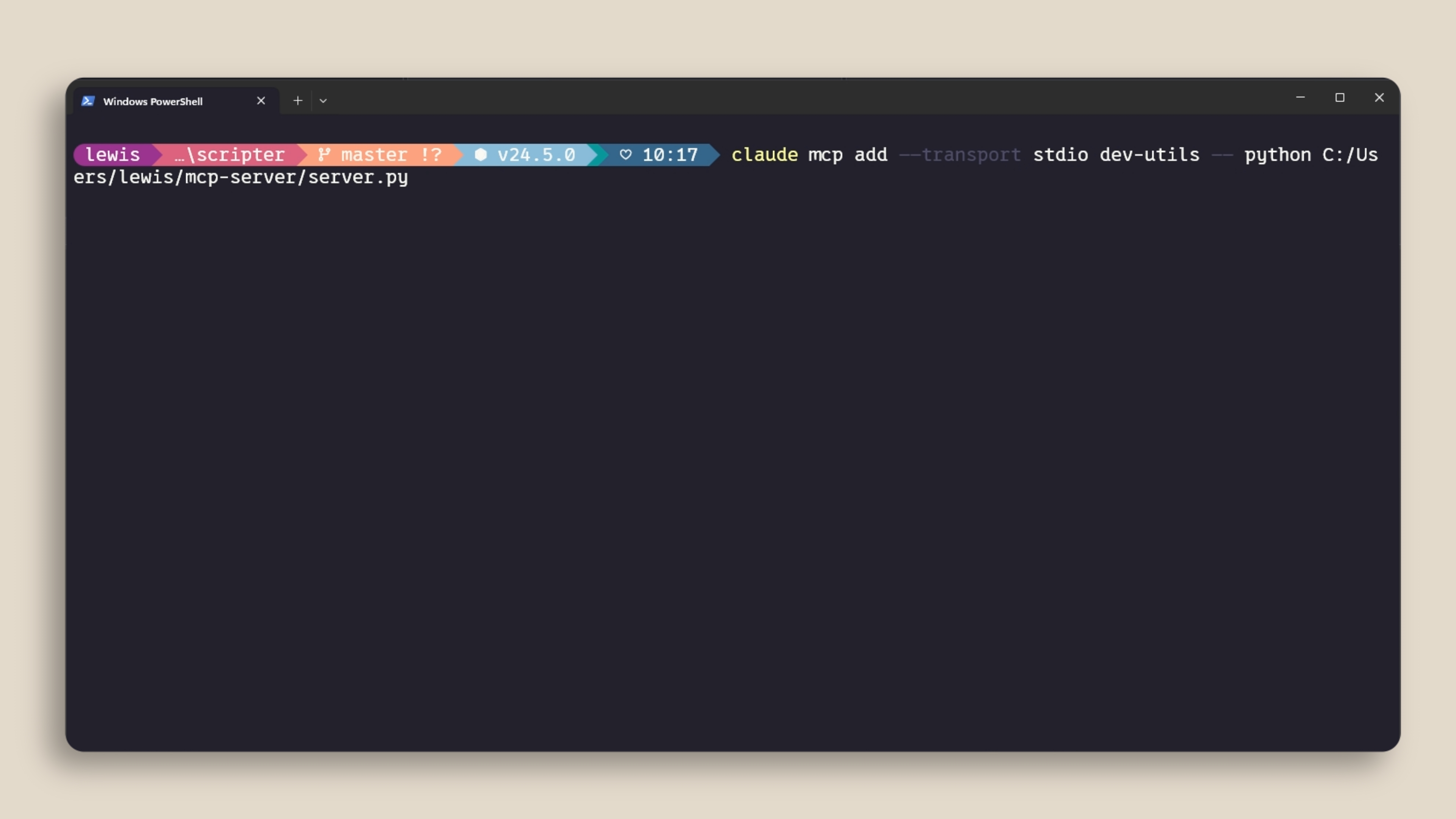 Python 스크립트로 로컬 stdio MCP 서버를 추가하기 위해 claude mcp add를 실행하는 모습