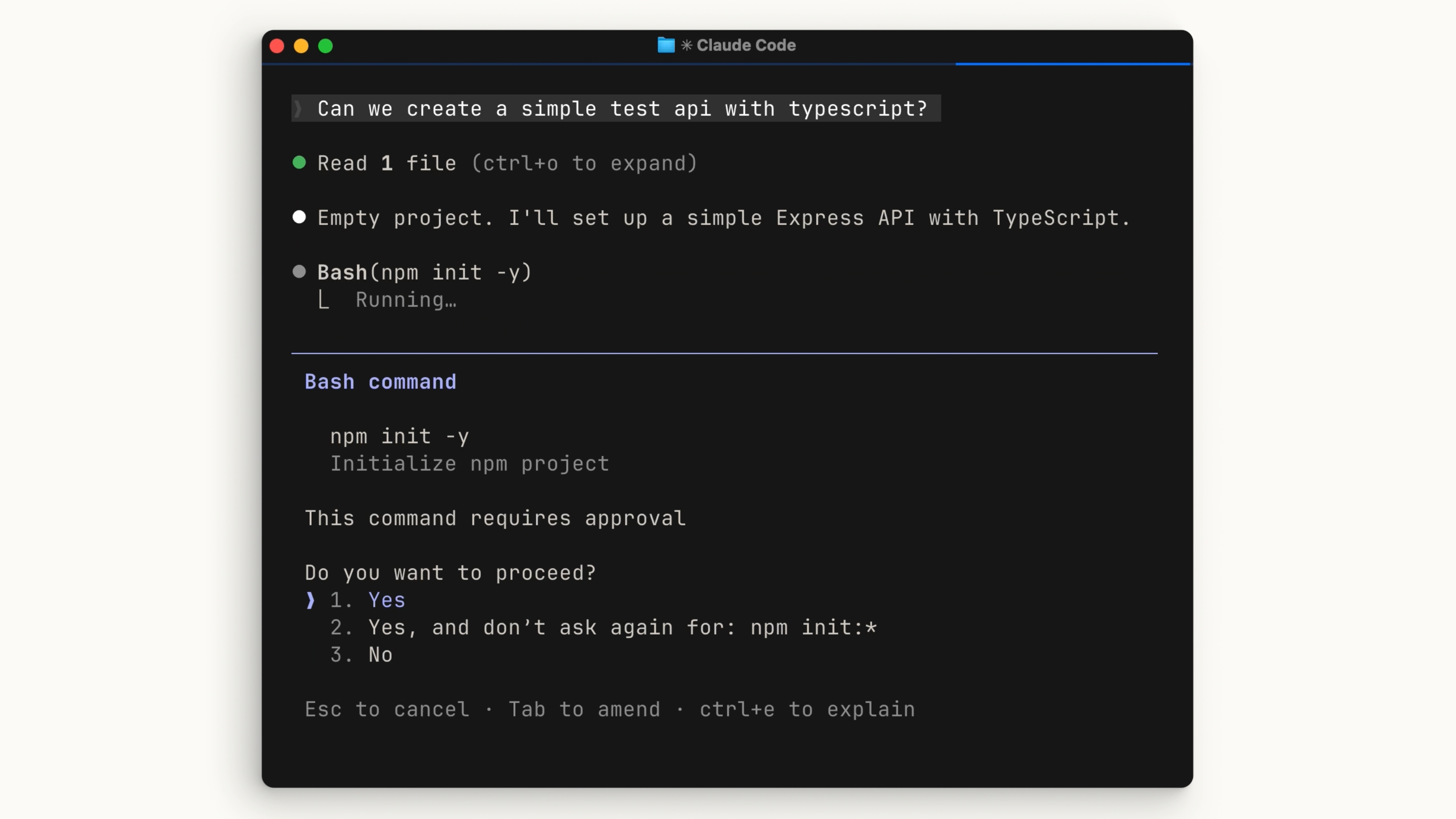 Claude Code가 bash 명령을 실행하기 전에 권한을 요청하는 화면