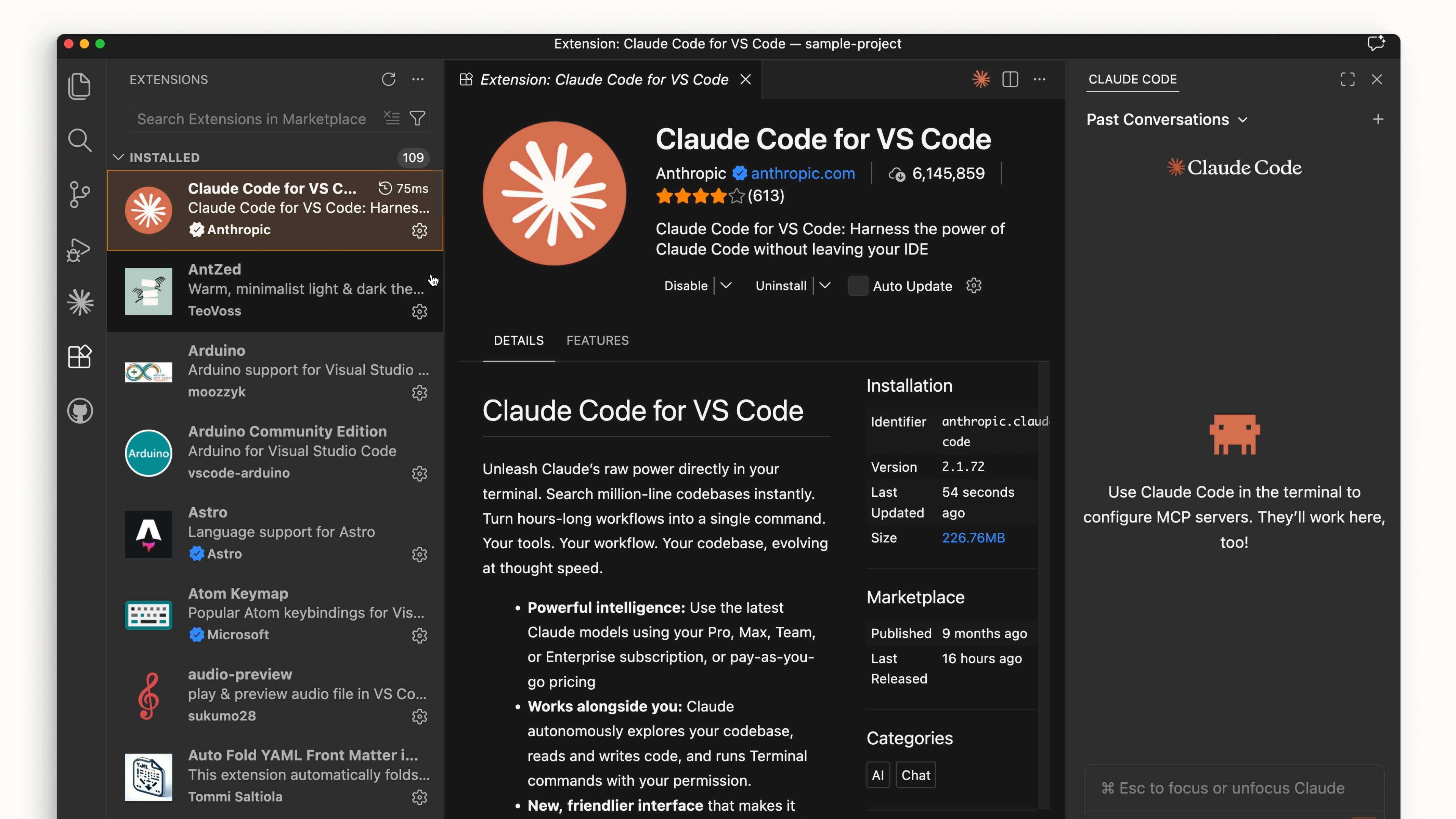VS Code 마켓플레이스의 Claude Code 확장 프로그램 페이지