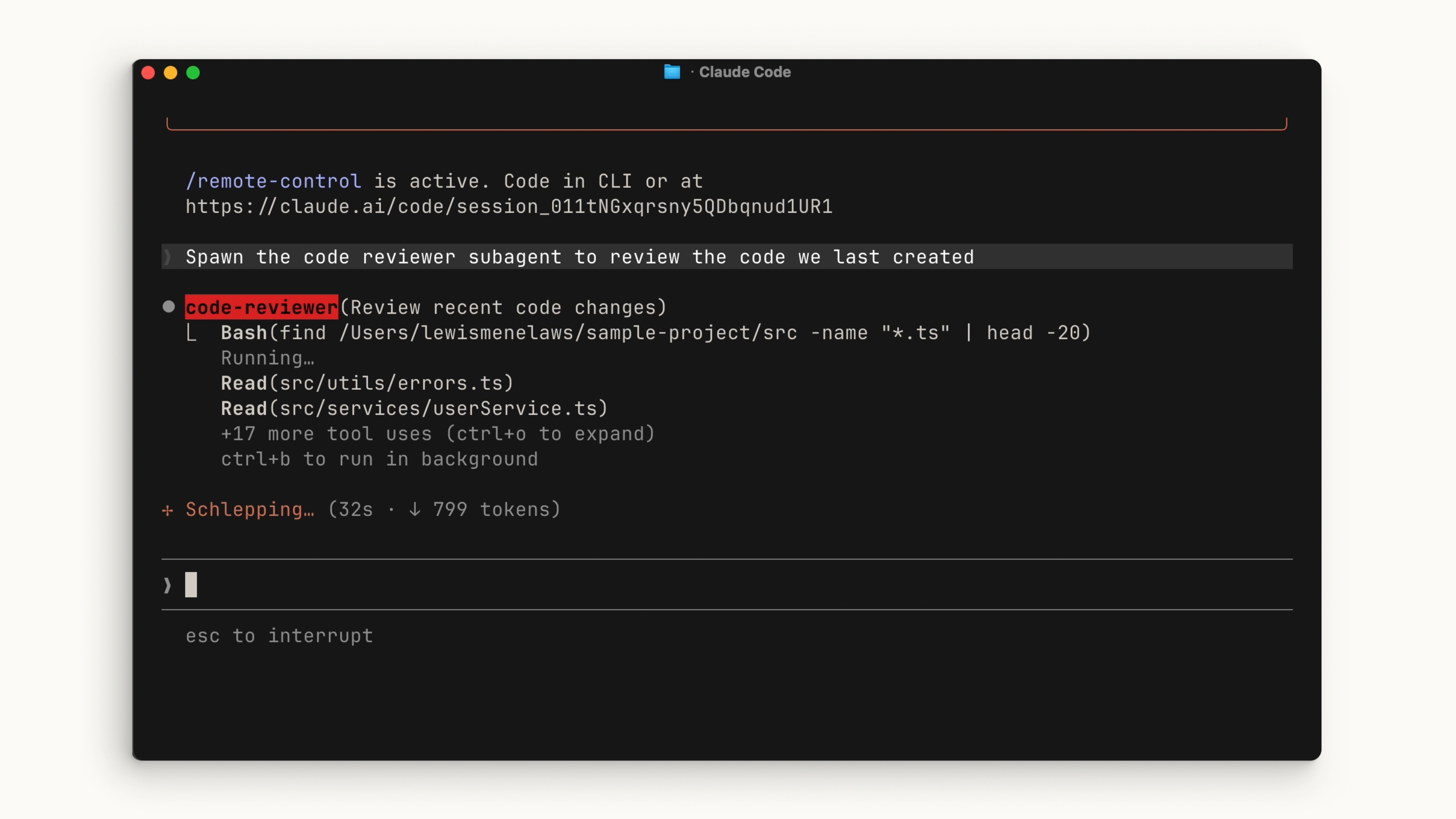 Claude Code에서 실행 중인 코드 리뷰어 서브에이전트가 파일을 읽고 최근 변경 사항을 검토하는 모습