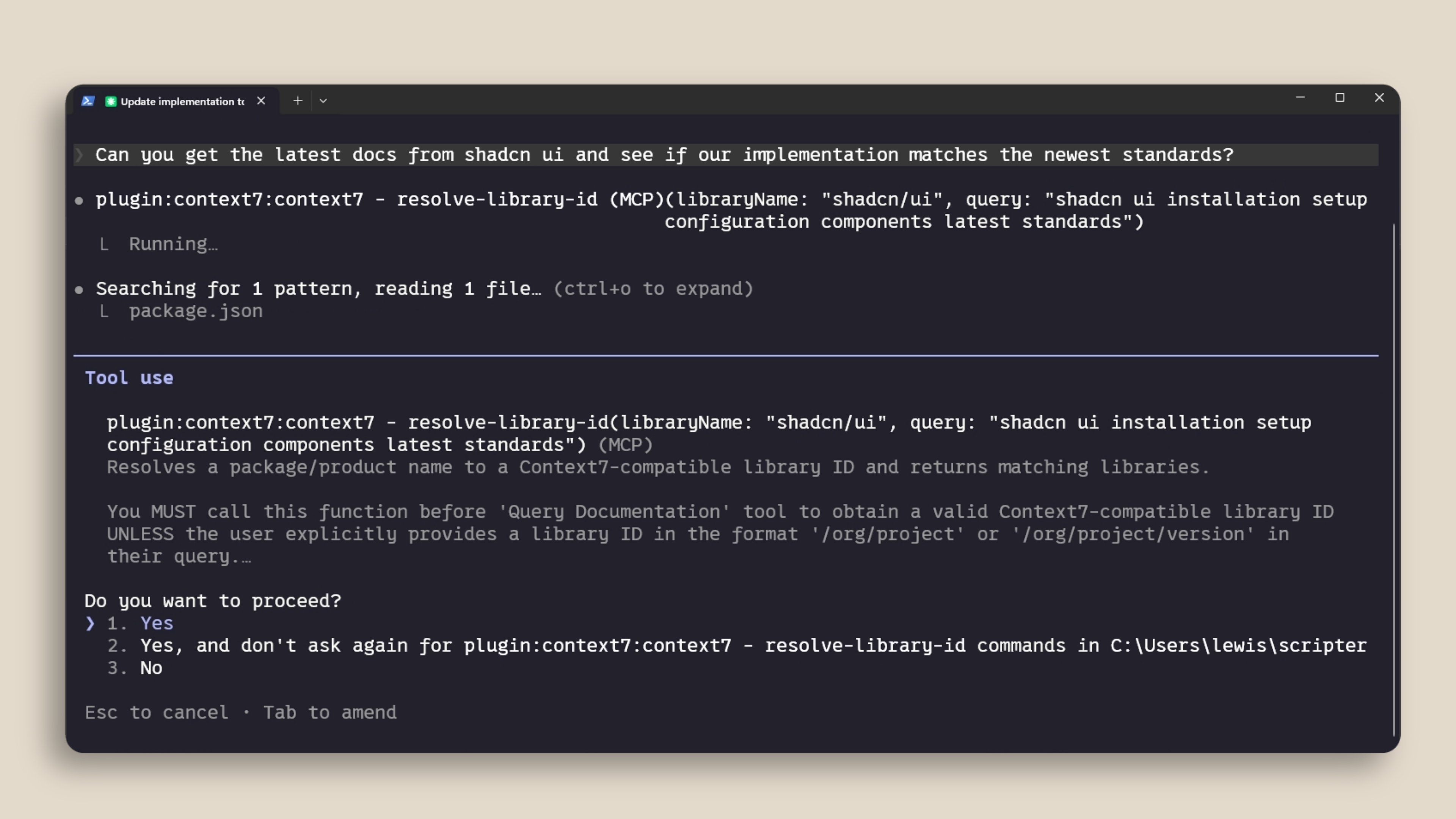 Claude Code가 Context7 MCP 서버를 사용하여 최신 shadcn/ui 문서를 조회하는 모습