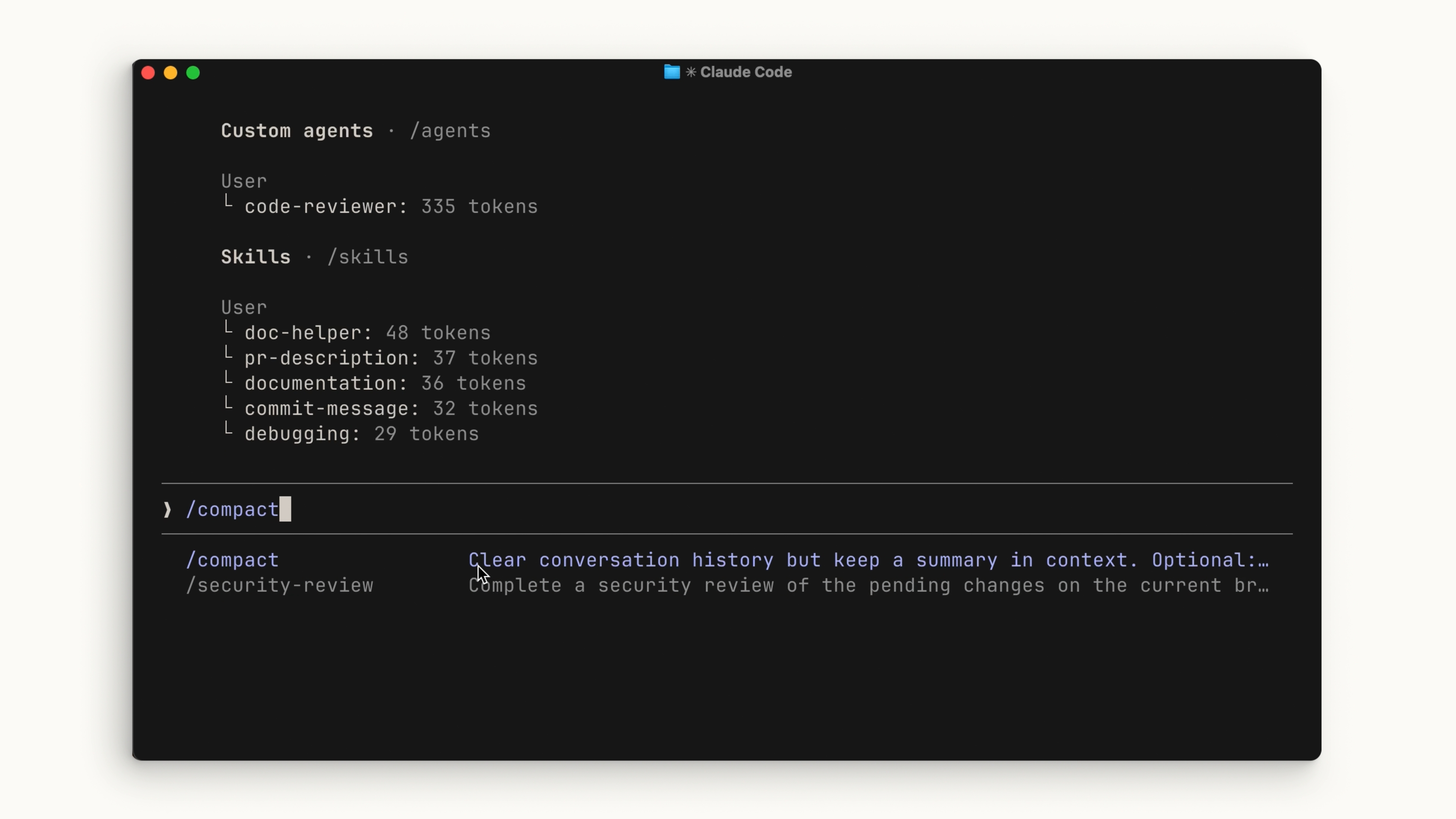 Claude Code 자동완성 메뉴의 /compact 명령어