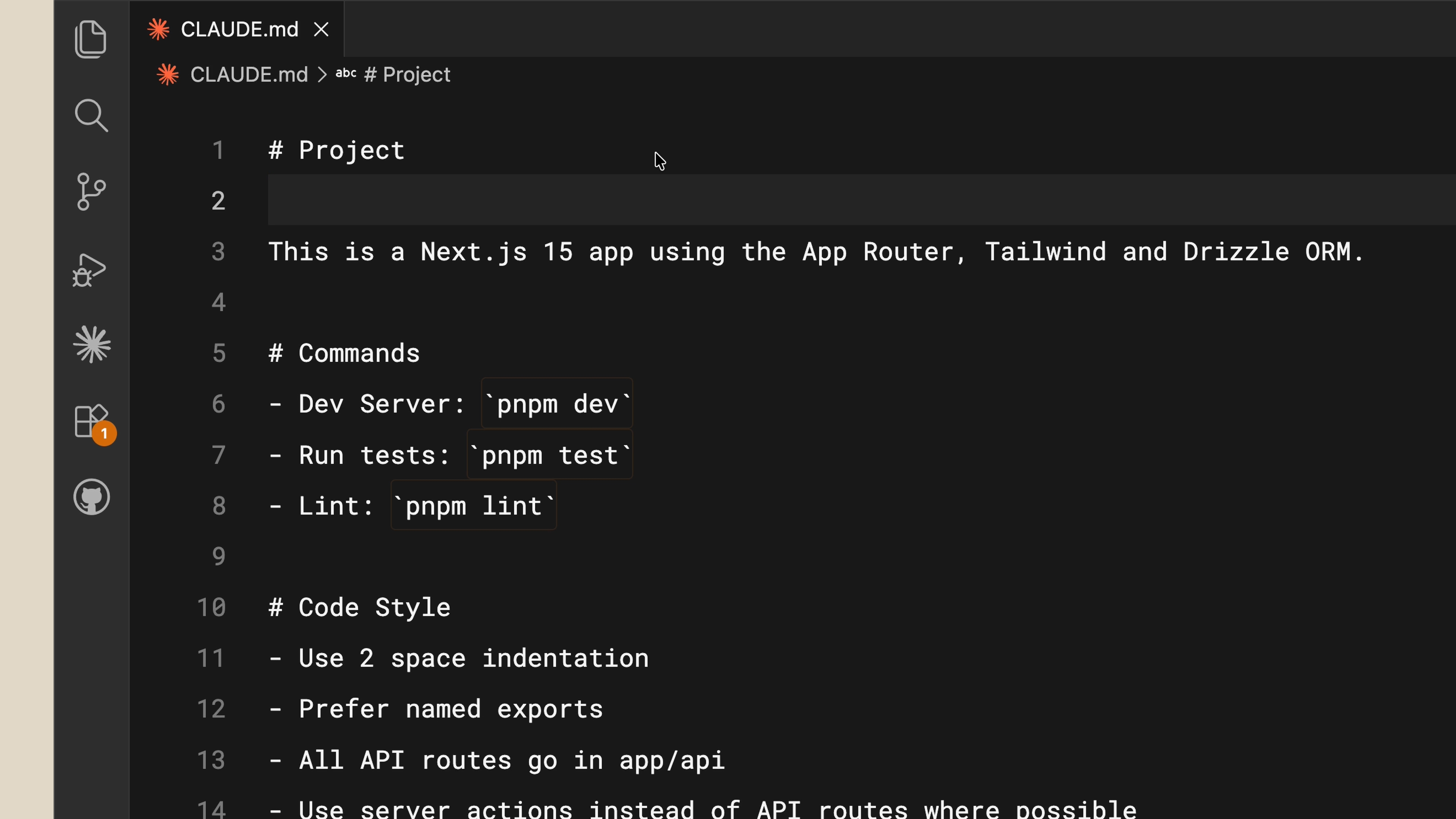 VS Code에서 열린 CLAUDE.md 파일 - 프로젝트 정보, 명령어, 코드 스타일 규칙이 표시됨