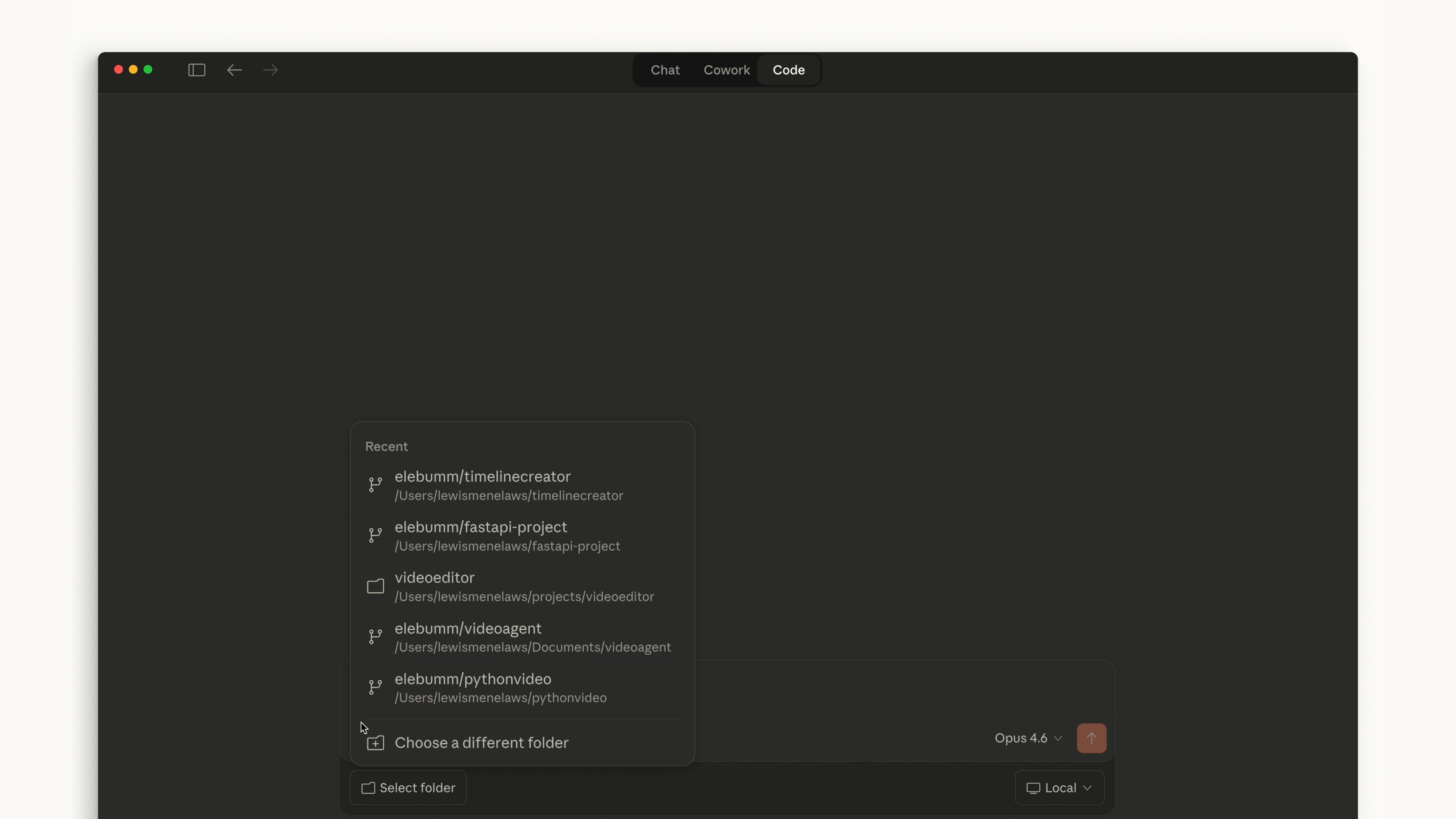 최근 프로젝트 폴더를 보여주는 Claude Desktop Code 화면
