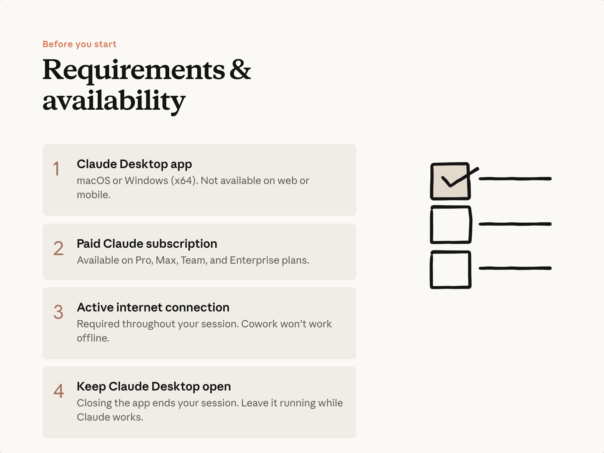 Cowork 요구 사항: 데스크톱 앱, 유료 구독, 인터넷, 앱 열어두기